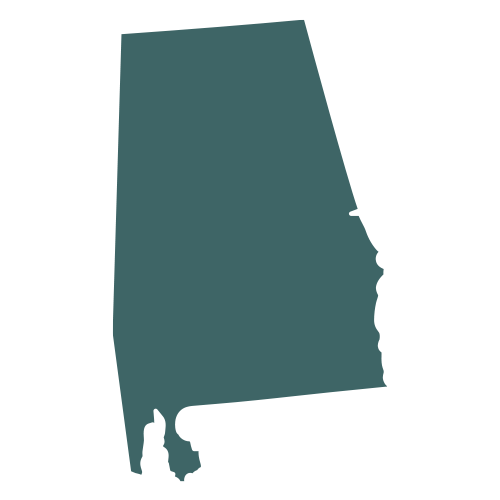 The shape of the state of Alabama, filled in with teal.