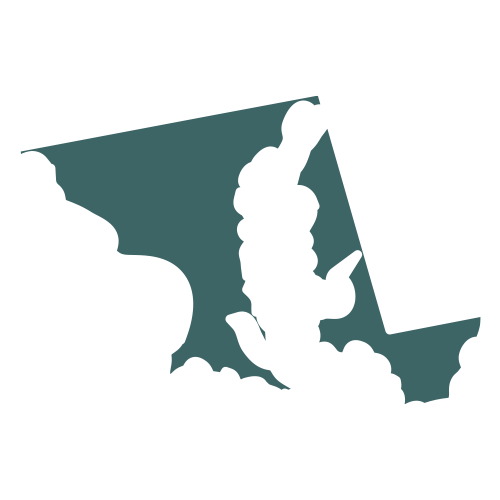 The shape of the state of Maryland, filled in with teal.