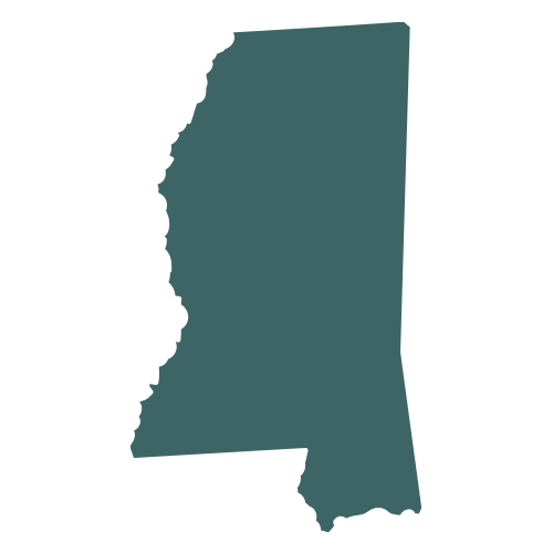 The shape of the state of Mississippi, filled in with teal.