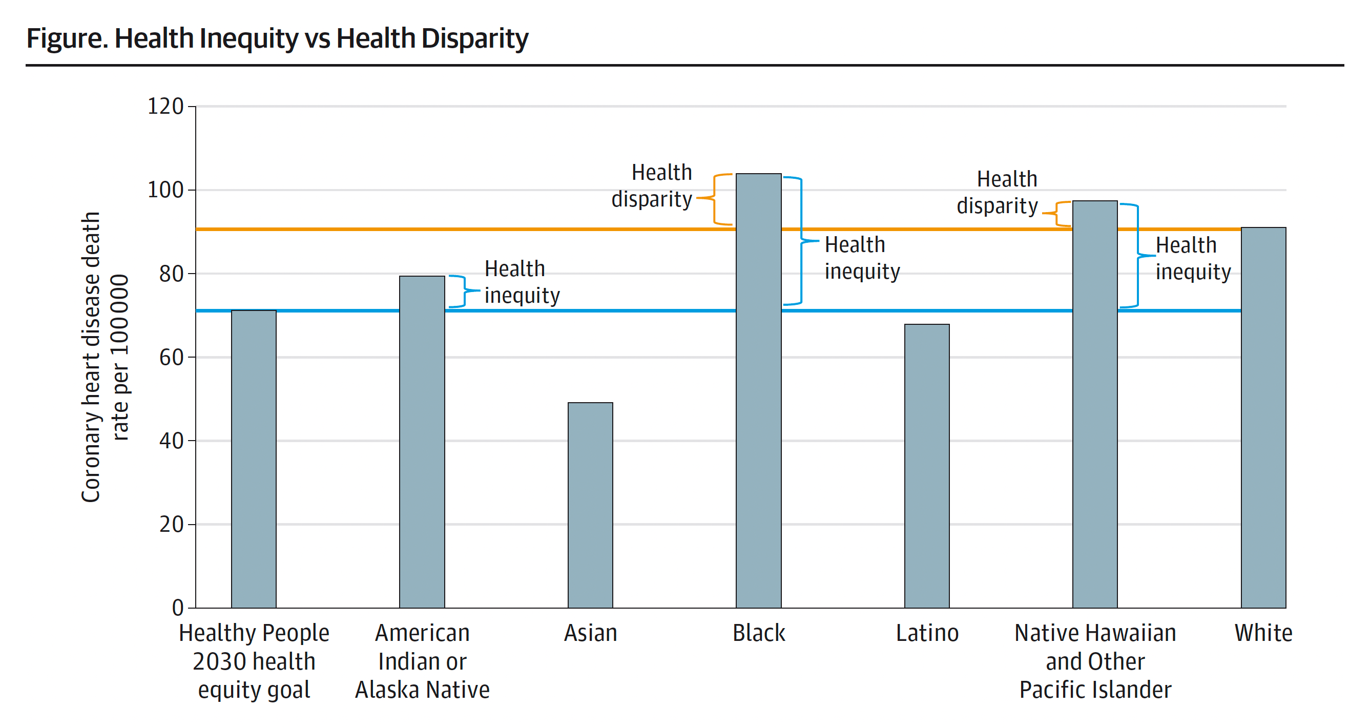2019 Coronary heart disease death rate. Health inequity and disparity are illustrated for each of 6 racial and ethnic population groups. The baseline for health inequity (shown in blue) is the Healthy People 2030 equity goal. The baseline for health disparity (shown in orange) is the mean for the White population.